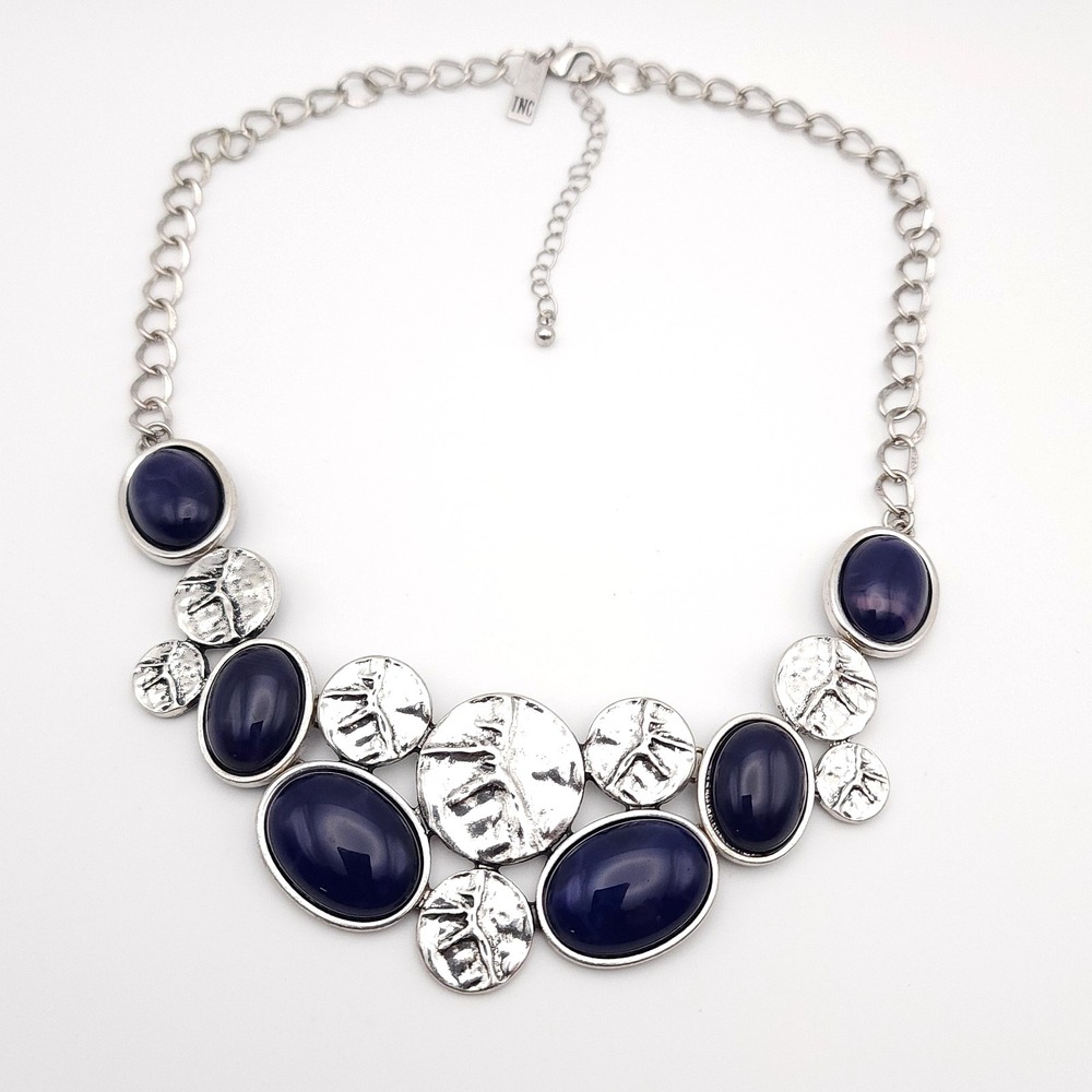 INC Silver Tone Blue Oval Bib Necklace Statement